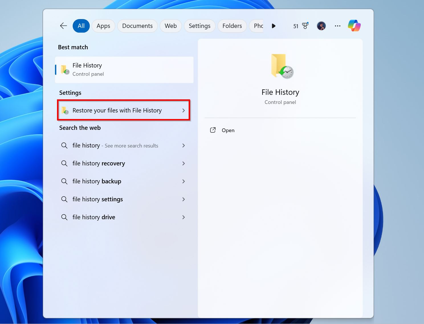 File History in Windows Search.