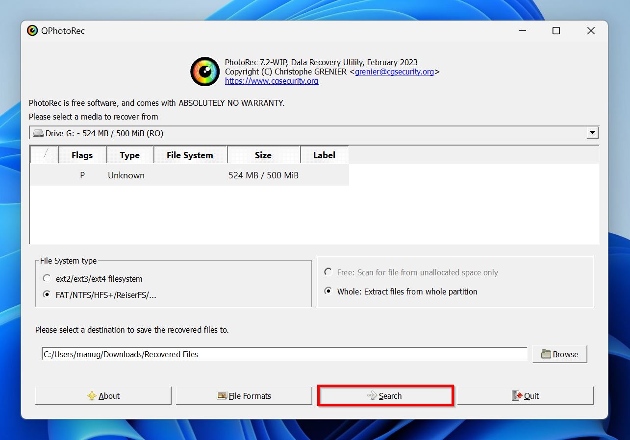 Search for recoverable files in PhotoRec.
