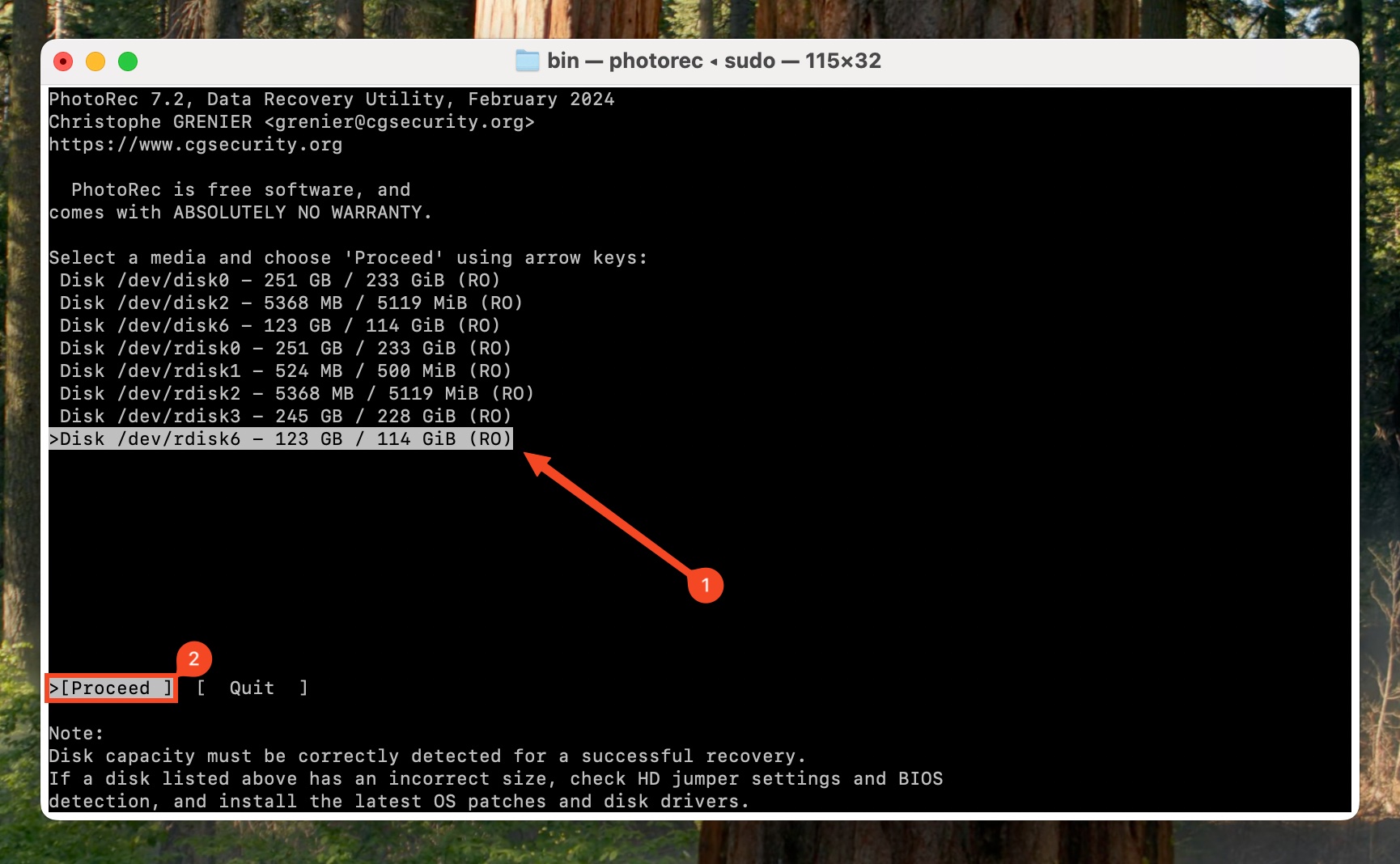 Drive selection in PhotoRec.