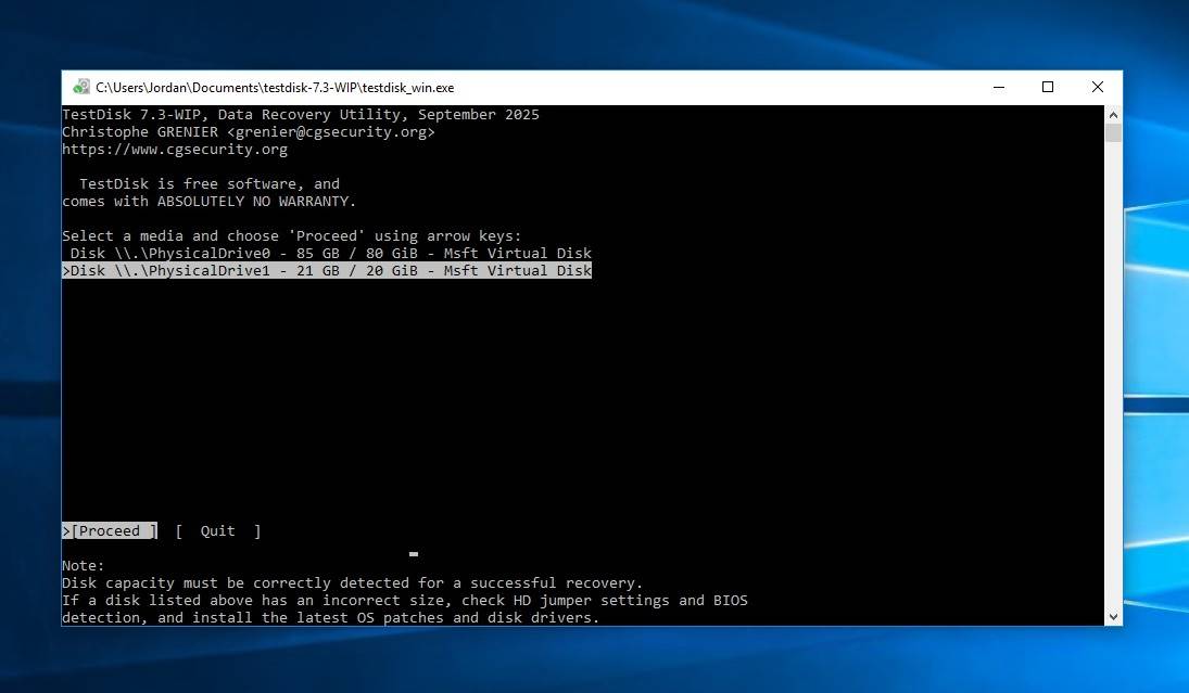 Selecting the disk.