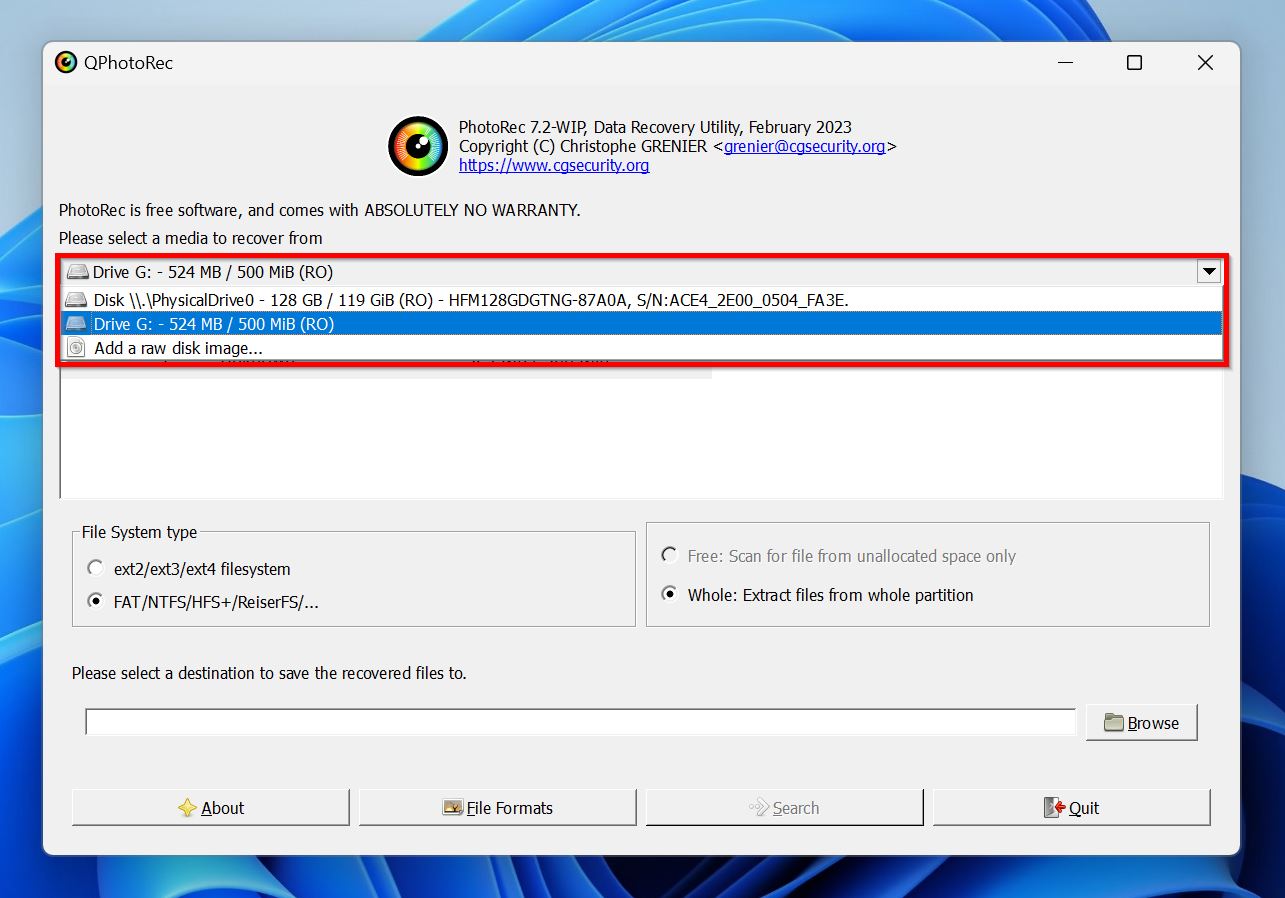Select the formatted drive in PhotoRec.