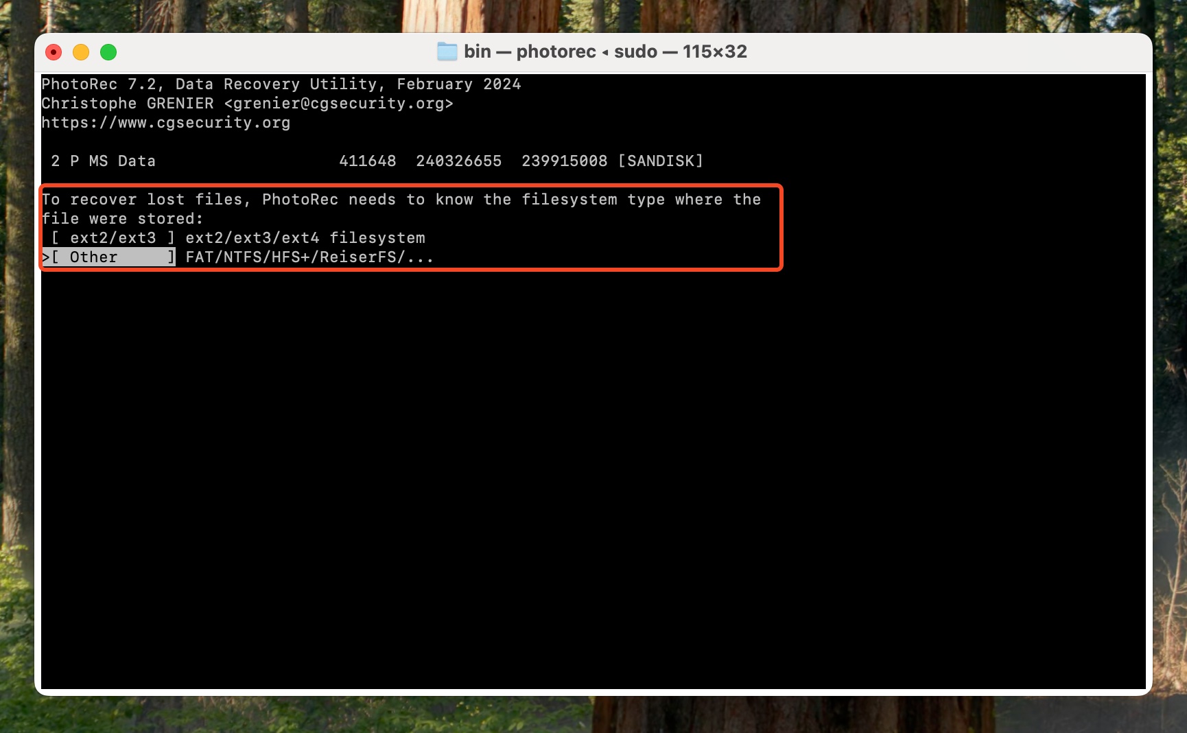File system selection in PhotoRec.