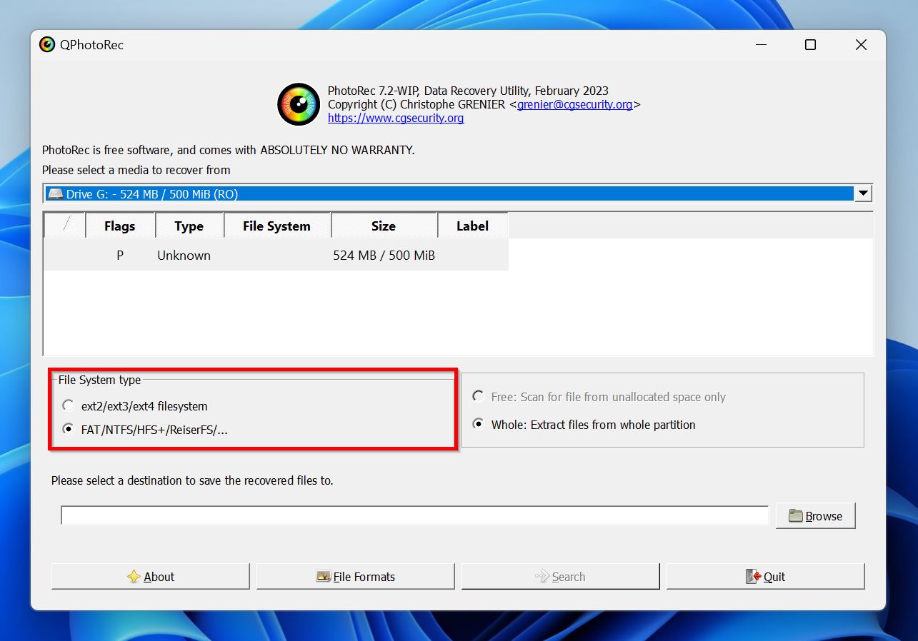 Select the file system in PhotoRec.