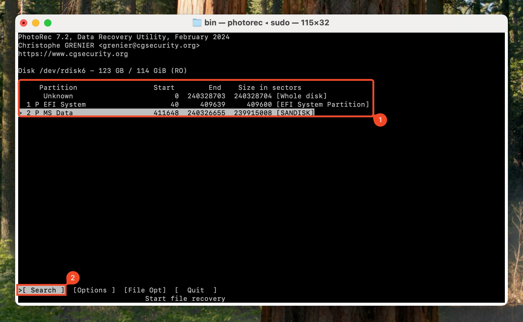 Partition selection in Terminal.
