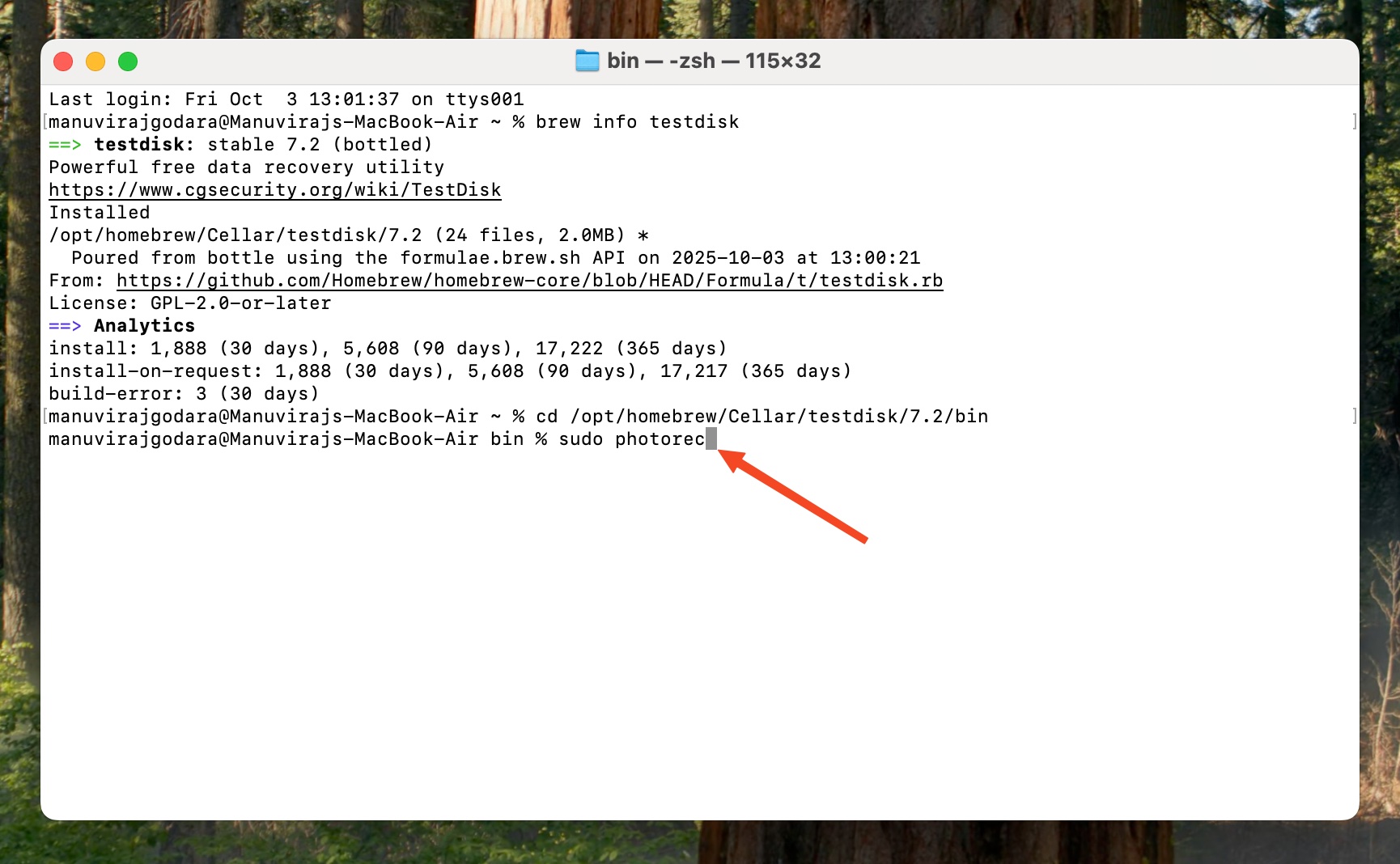 Launch PhotoRec command in Terminal.