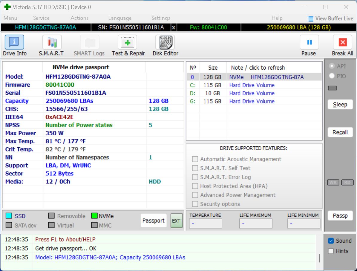 Victoria HDD/SSD GUI.