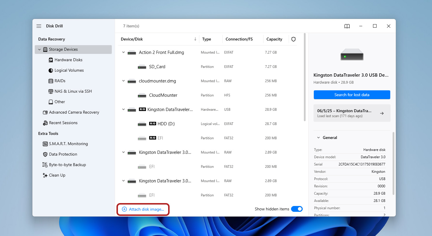 attach disk image in disk drill
