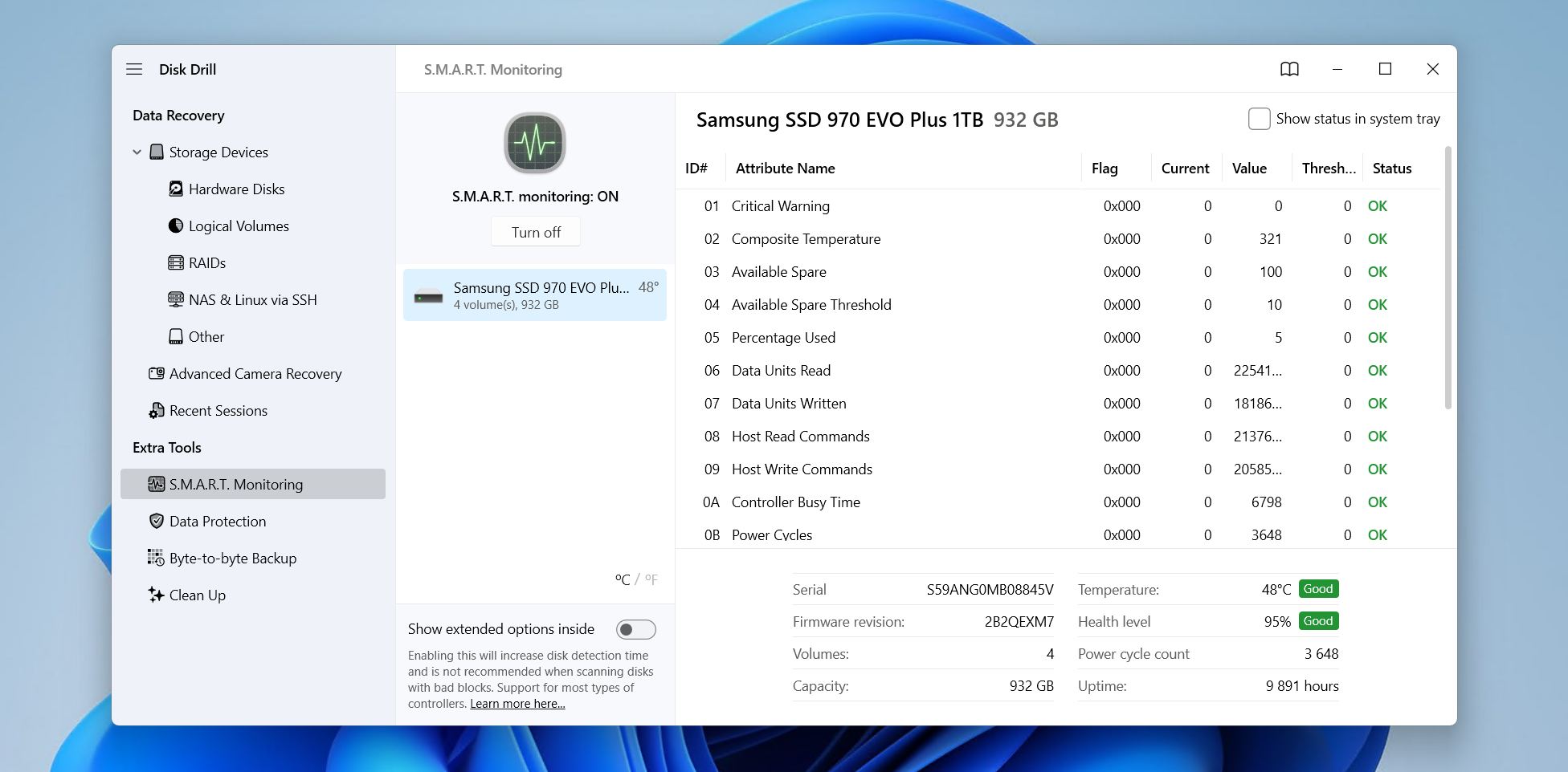 Checking the Disk Drill SMART monitoring.