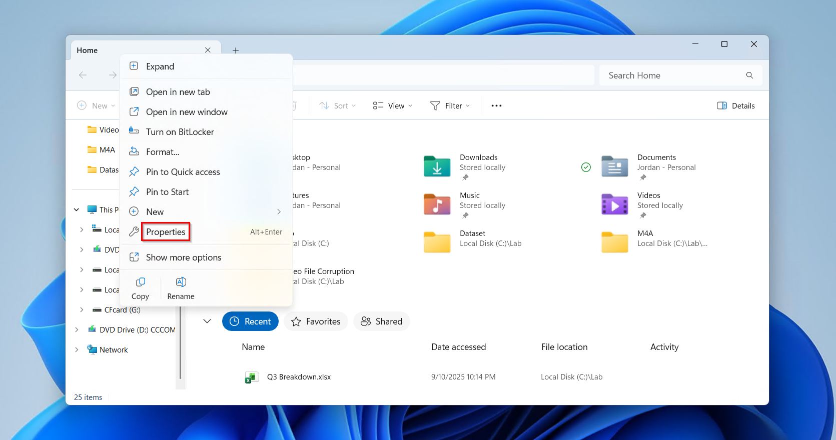 Opening the external HDD properties.