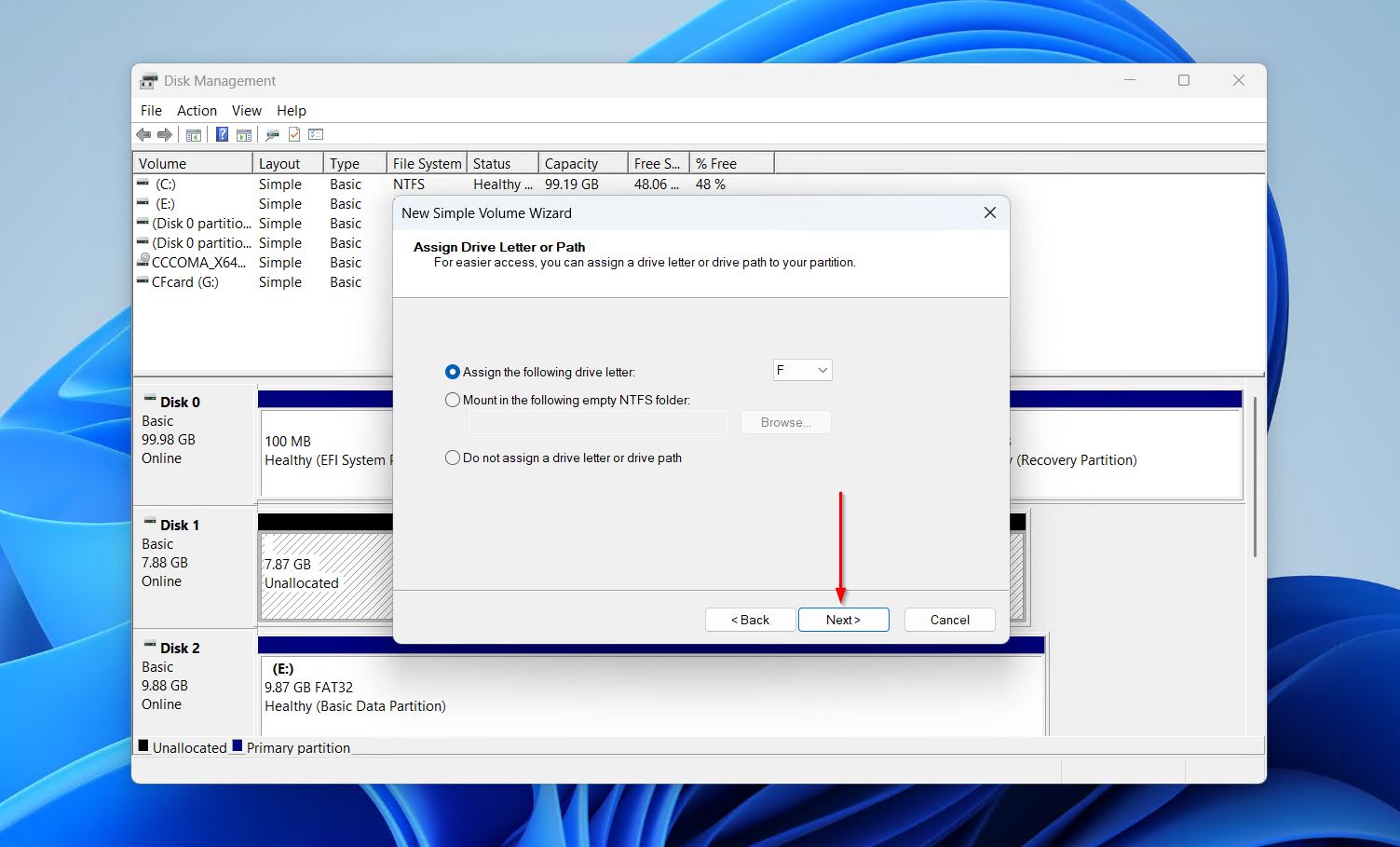 Choosing a drive letter.