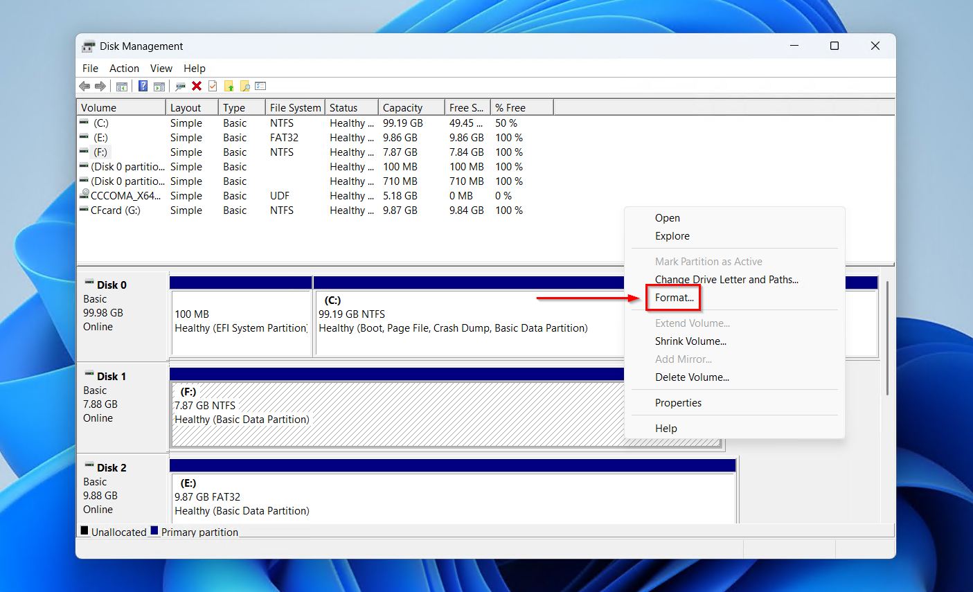 Choosing to format the external HDD.