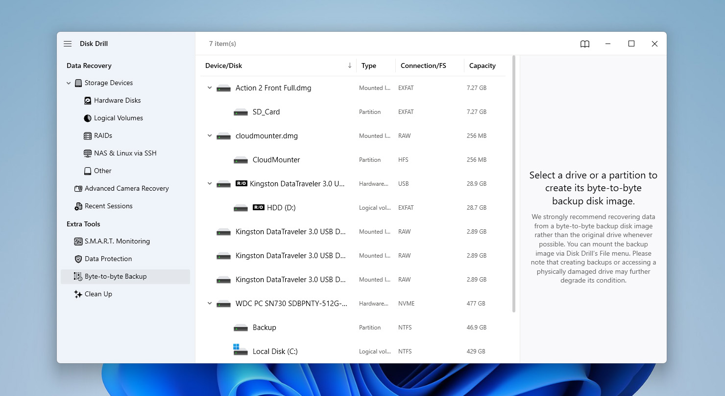 open byte to byte backup section