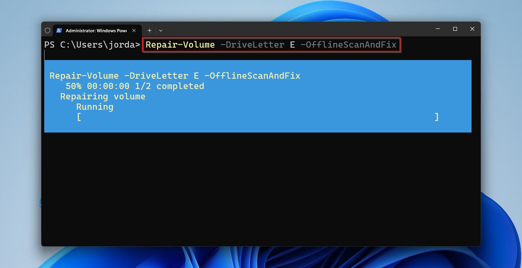 Running the repair-volume command.
