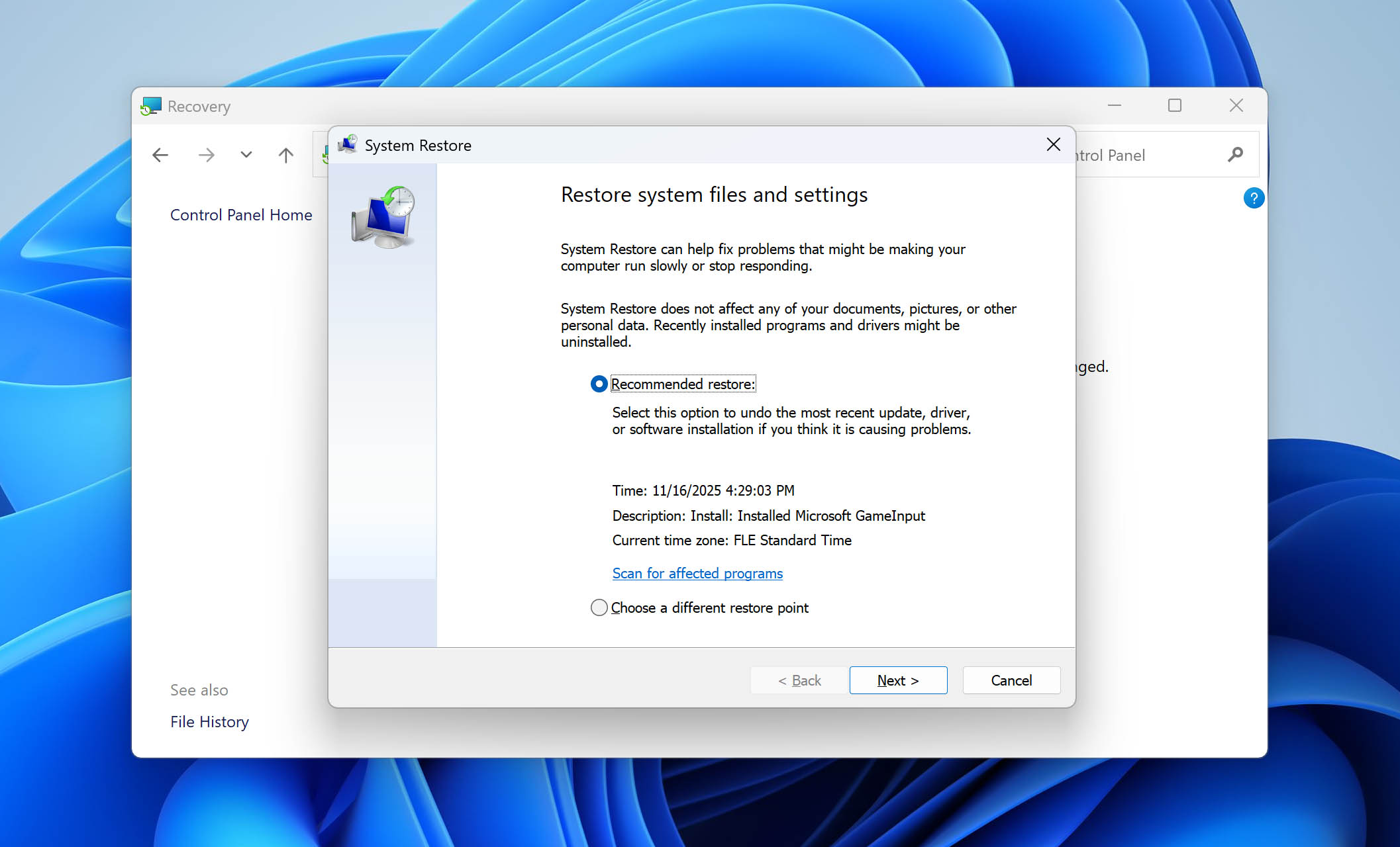 restore system restore point
