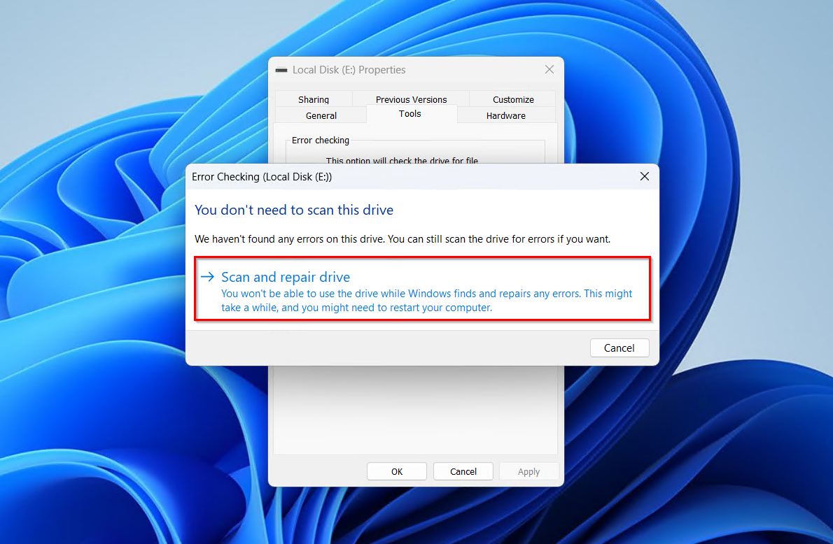 Scan and repair the drive.