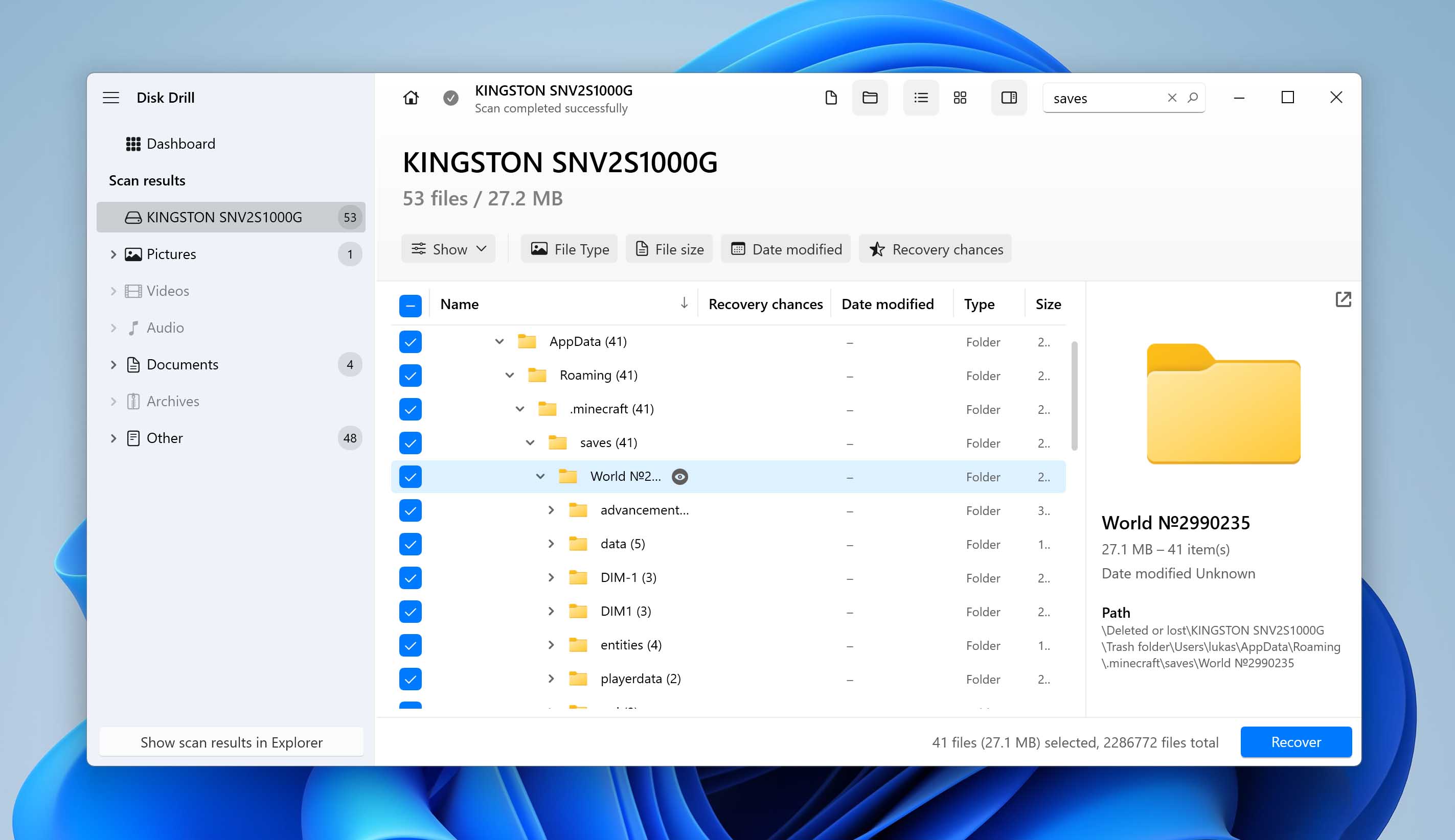 select minecraft world for recovery