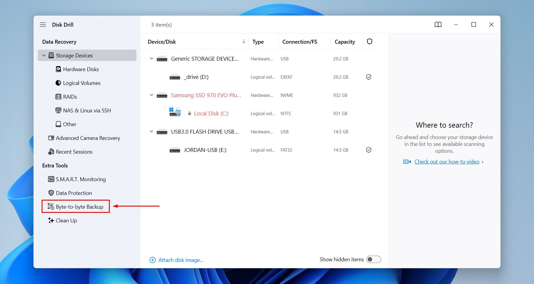 Accessing the drive backup feature.