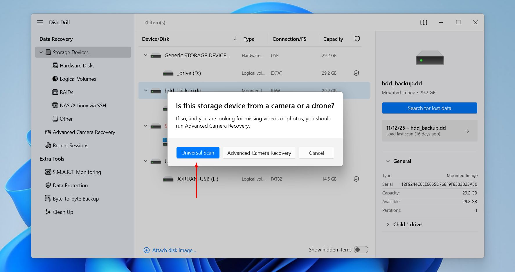 Starting a Universal Scan.