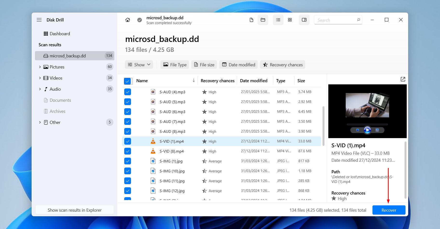 Selecting micro SD card data to recover.