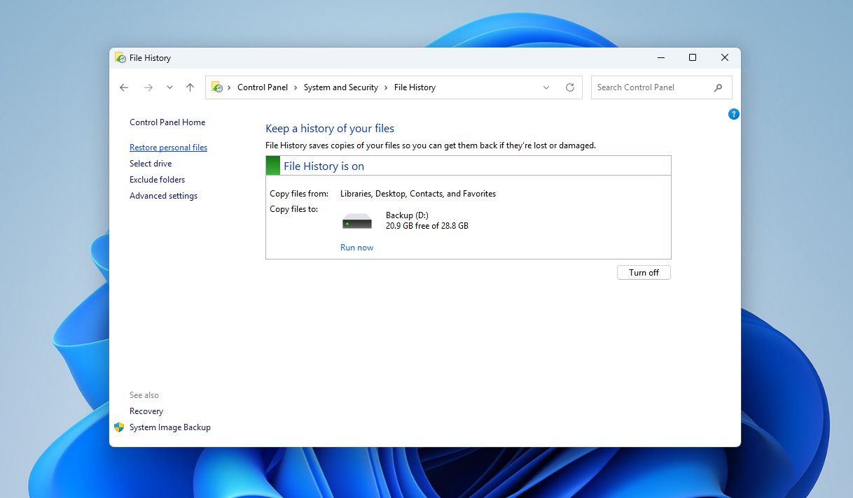 click on restore personal files