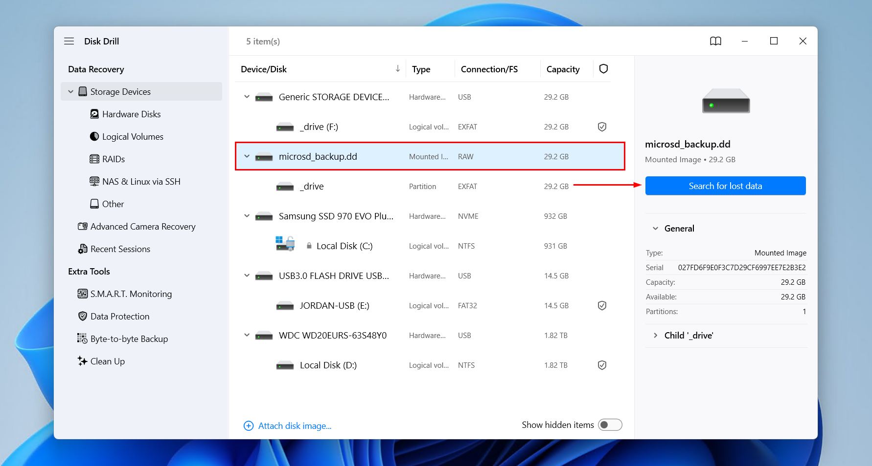 Scanning a backup image.