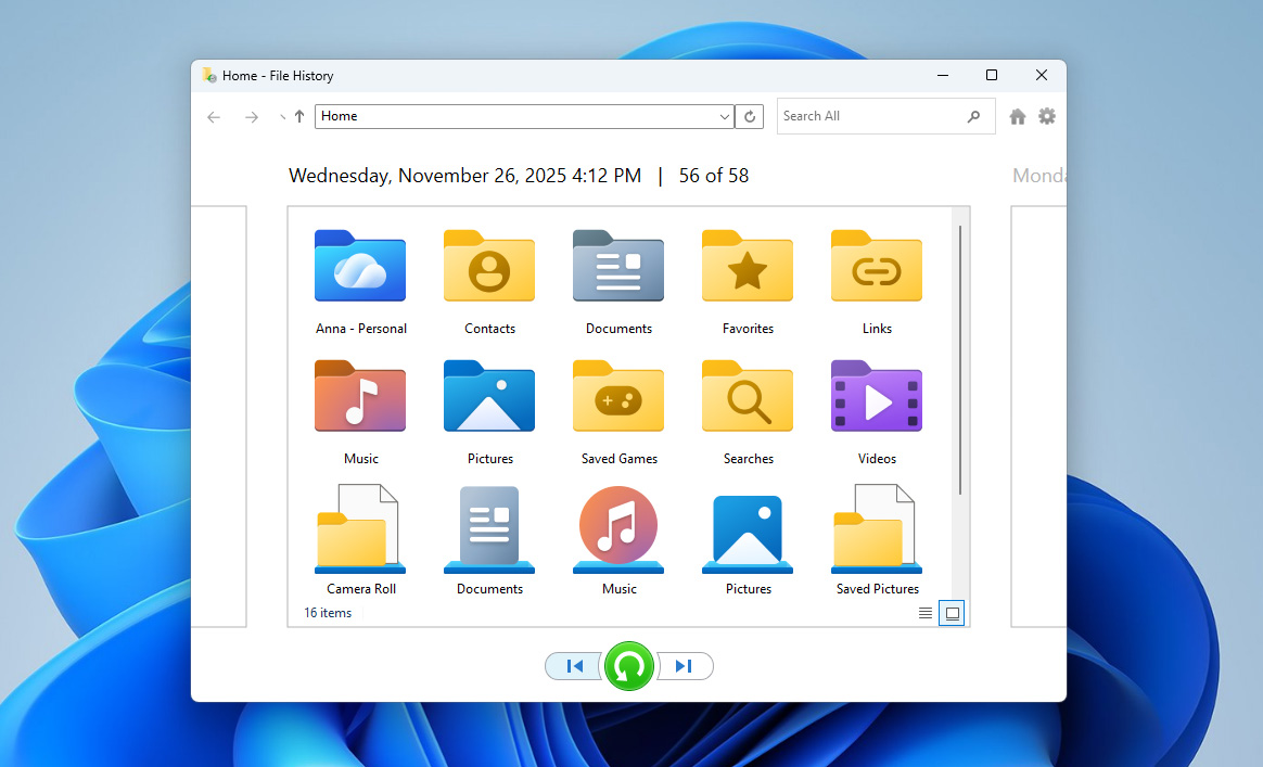 select files in file history