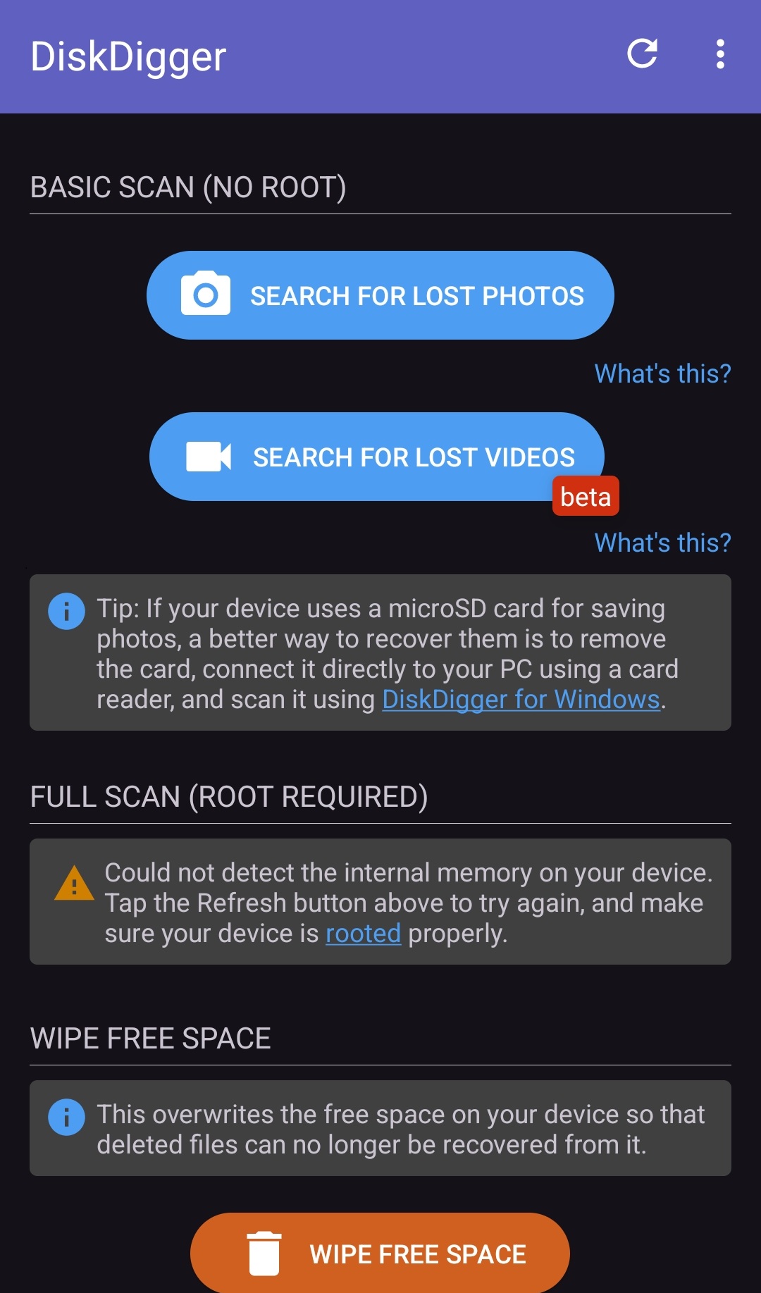 Starting the DiskDigger scan.