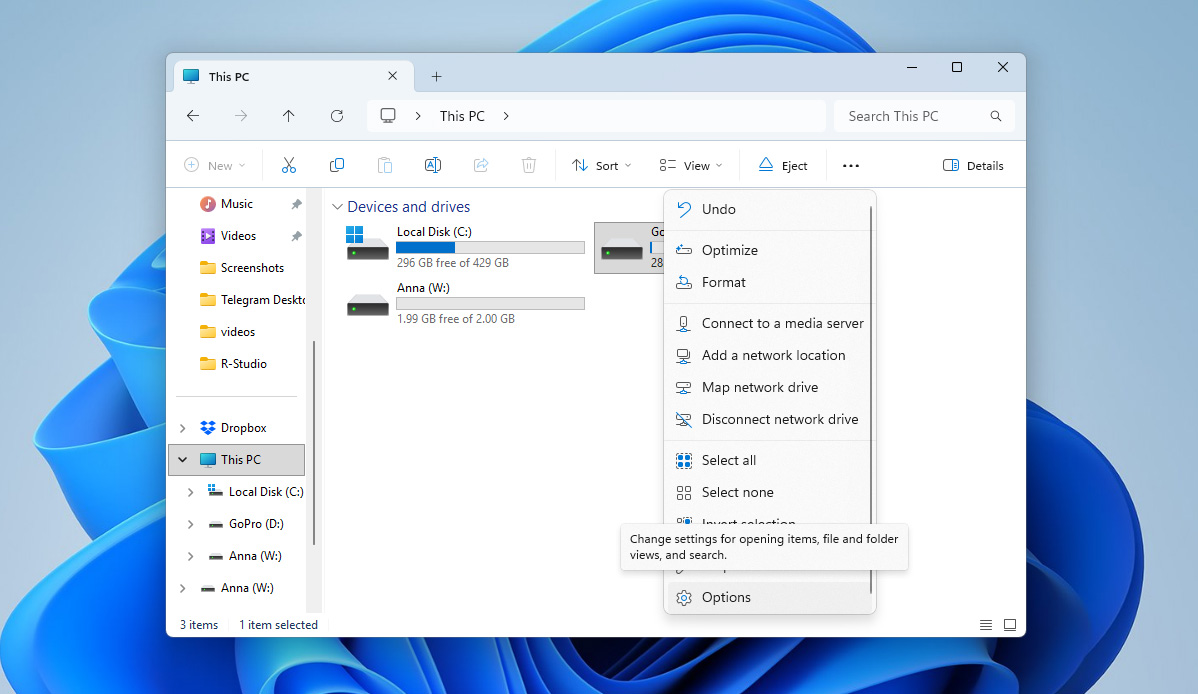 click options in file explorer