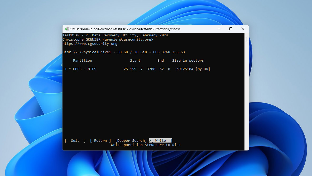write partition back on drive