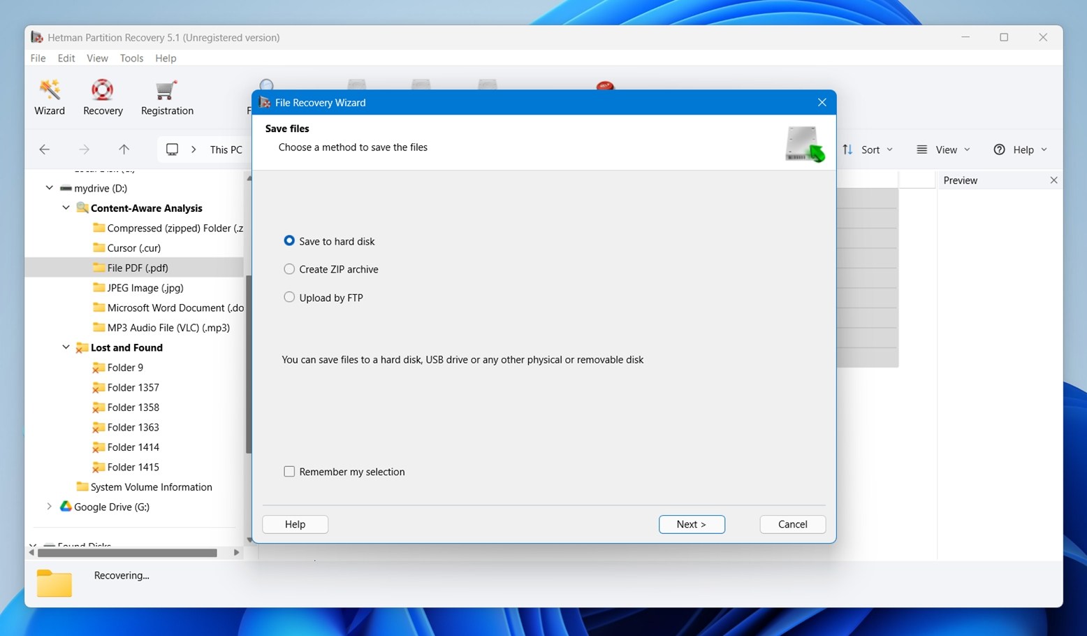 Options for saving the files