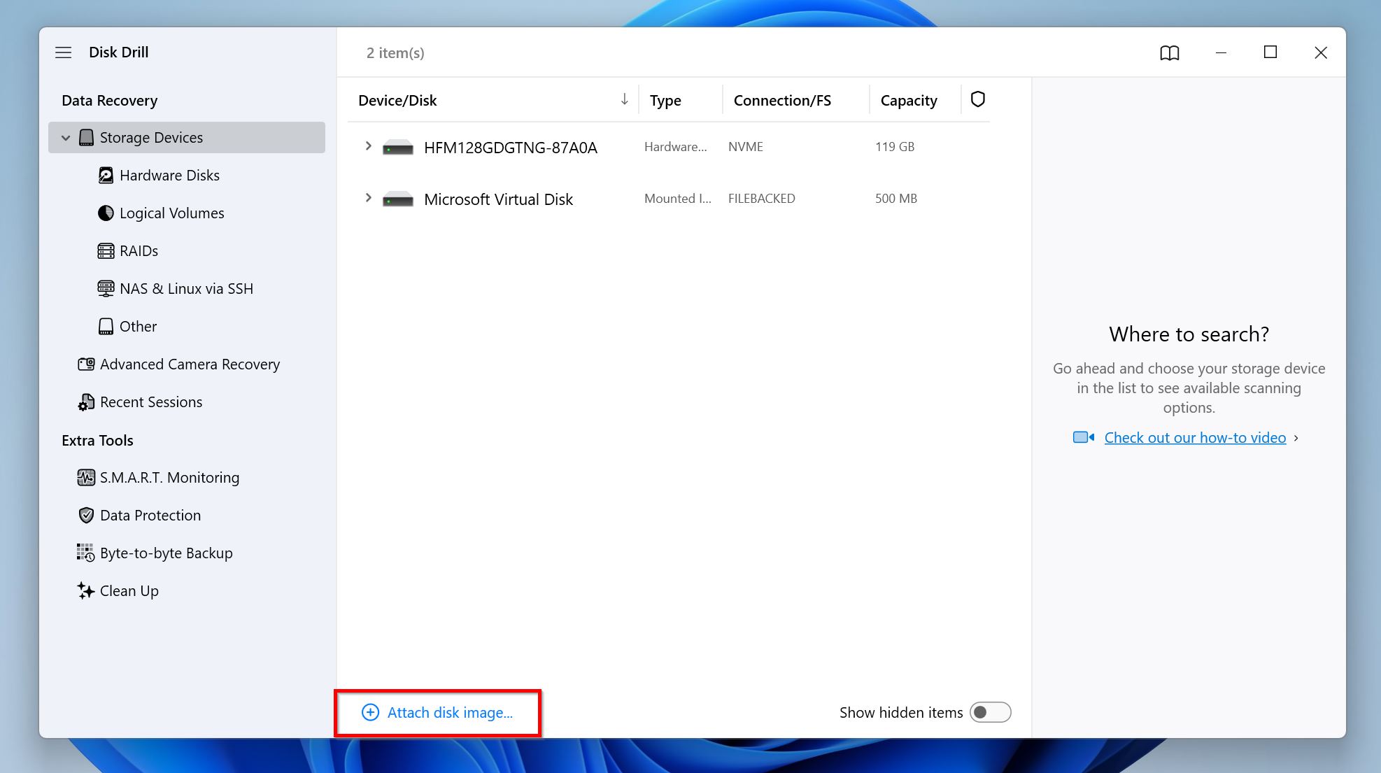 Attach disk image option.