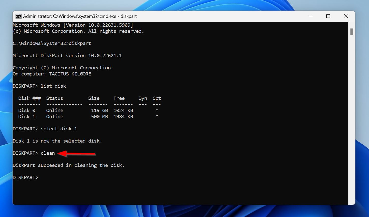 Clean command within Diskpart.