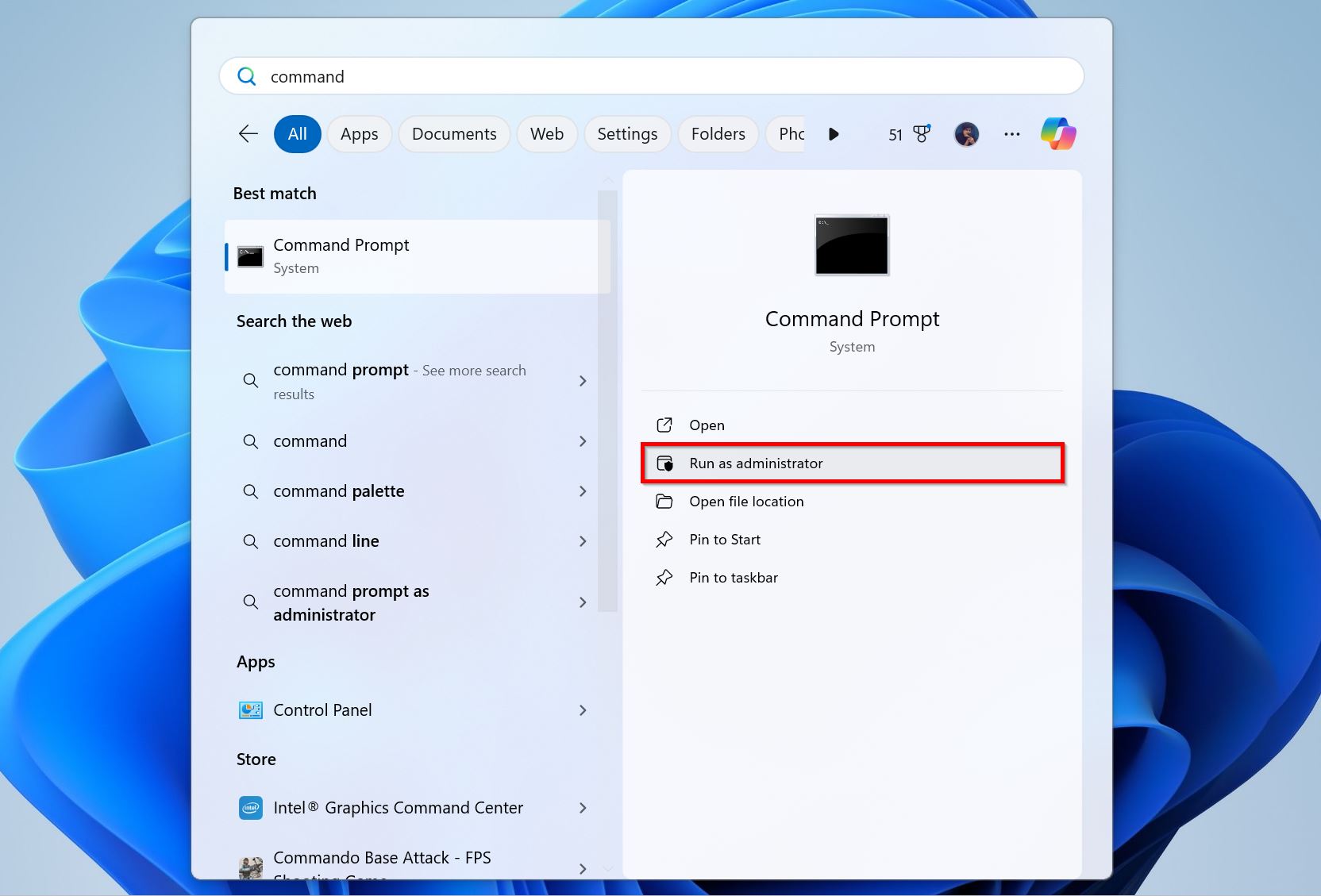 Command Prompt in Windows Search.