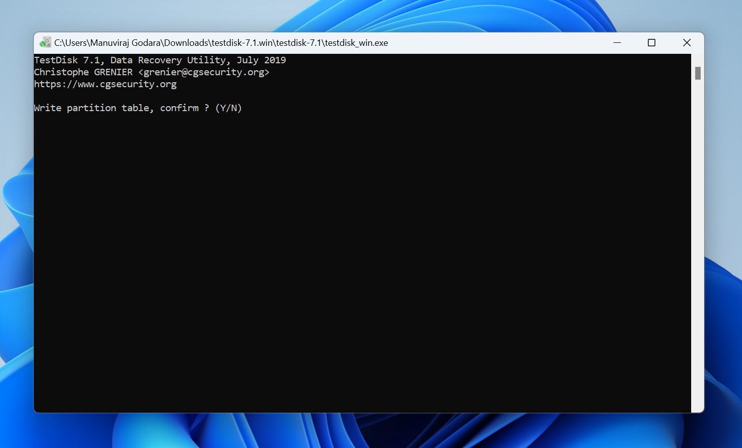 Confirmation prompt in TestDisk.