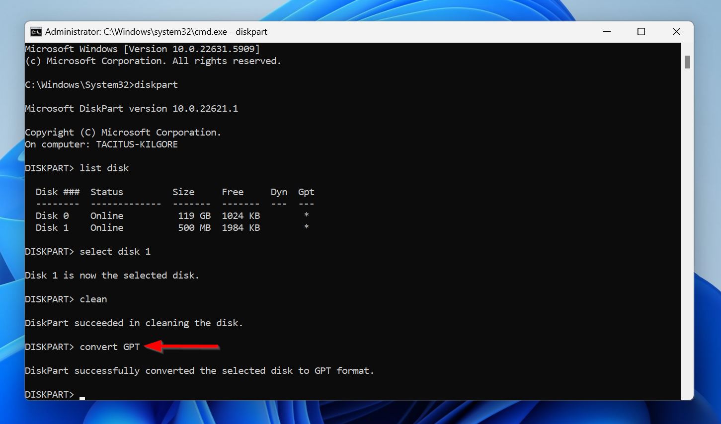 Type convert GPT in CMD.