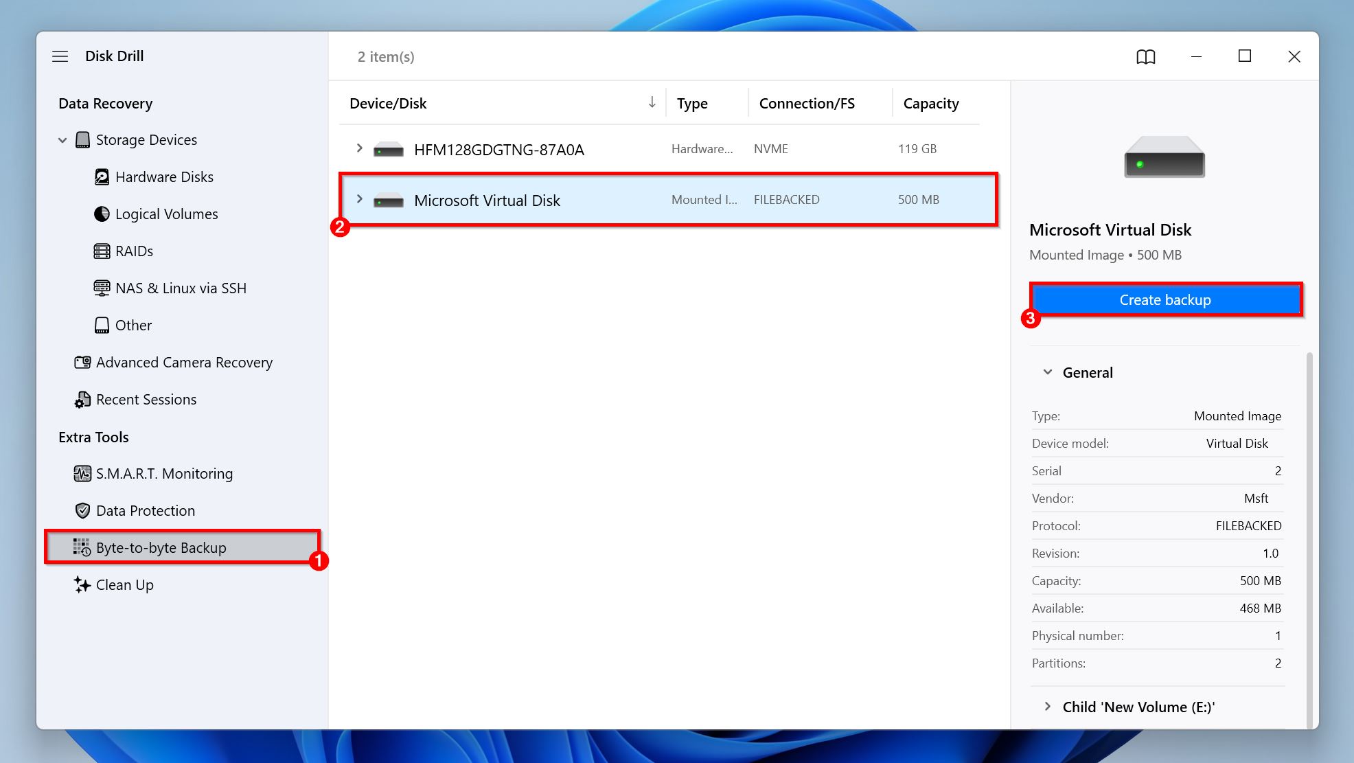 Select the corrupt partition to back up.