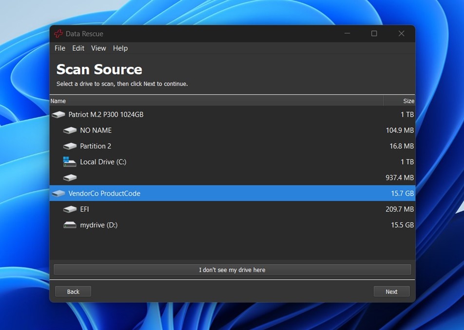 The drive selection screen
