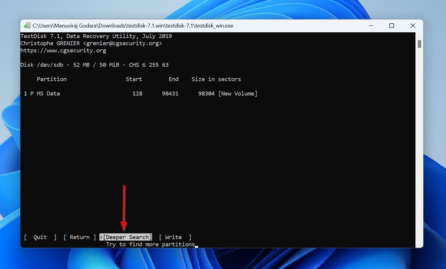 Deeper Search option in TestDisk.