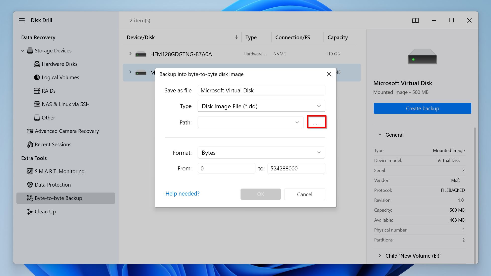 Choose disk image parameters.