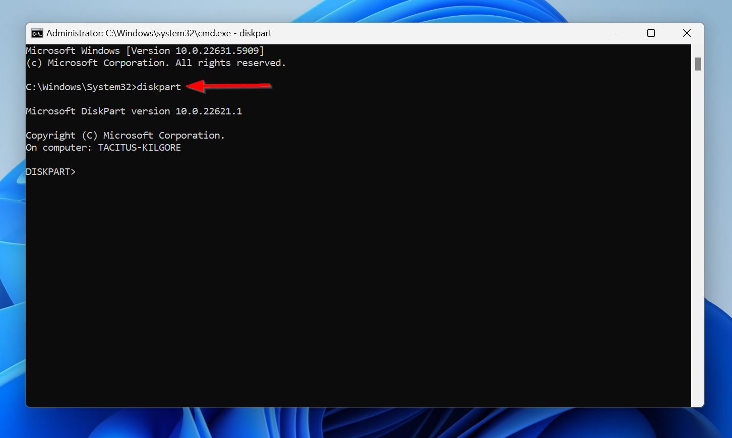 Type in the Diskpart command.