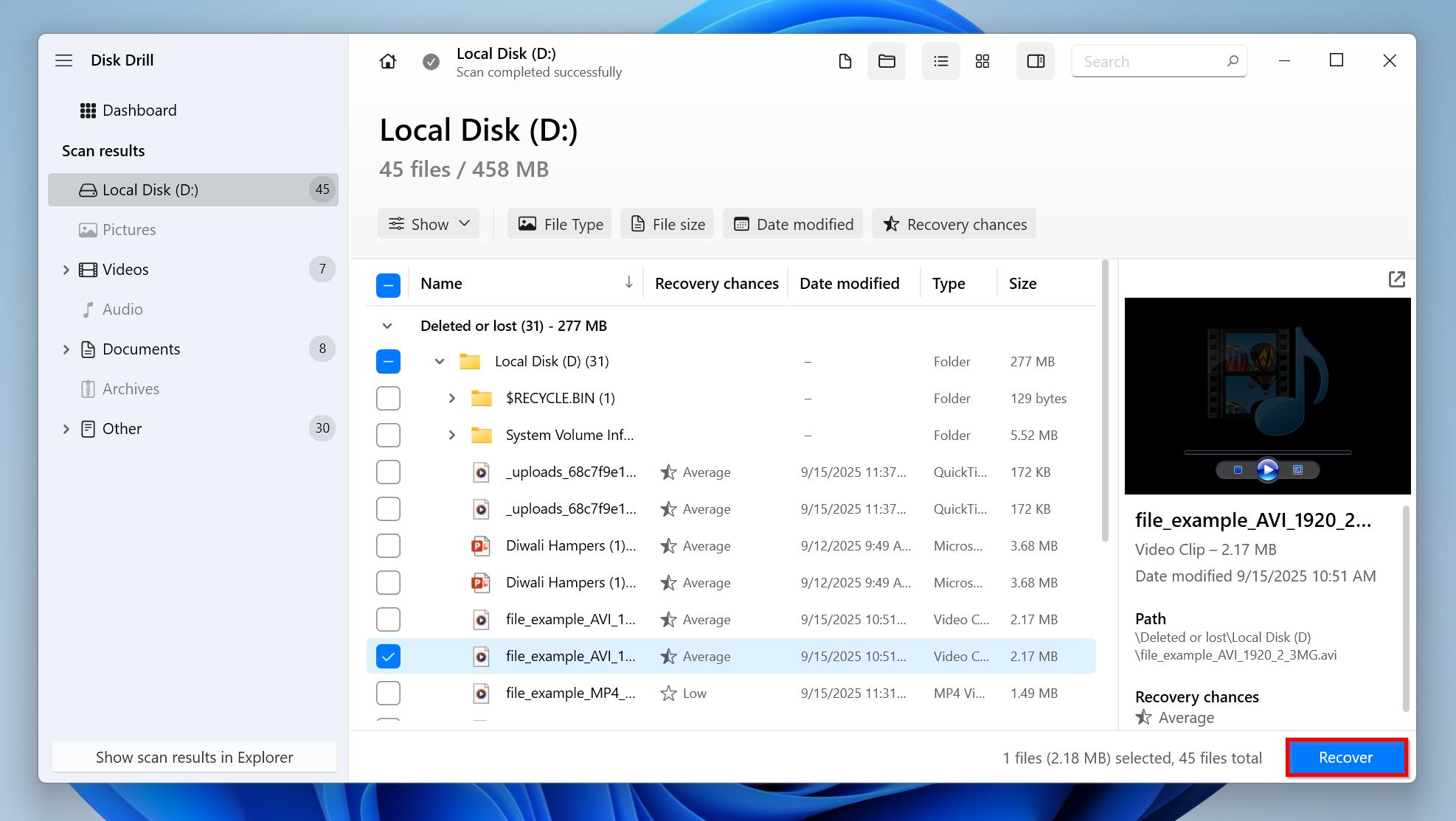Select files to recover.