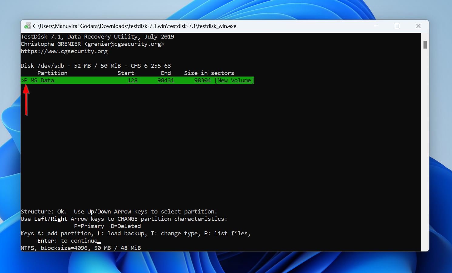Partition prefix selection in TestDisk.