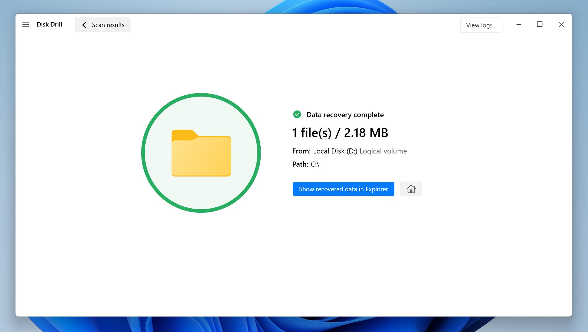 Recovery complete screen.