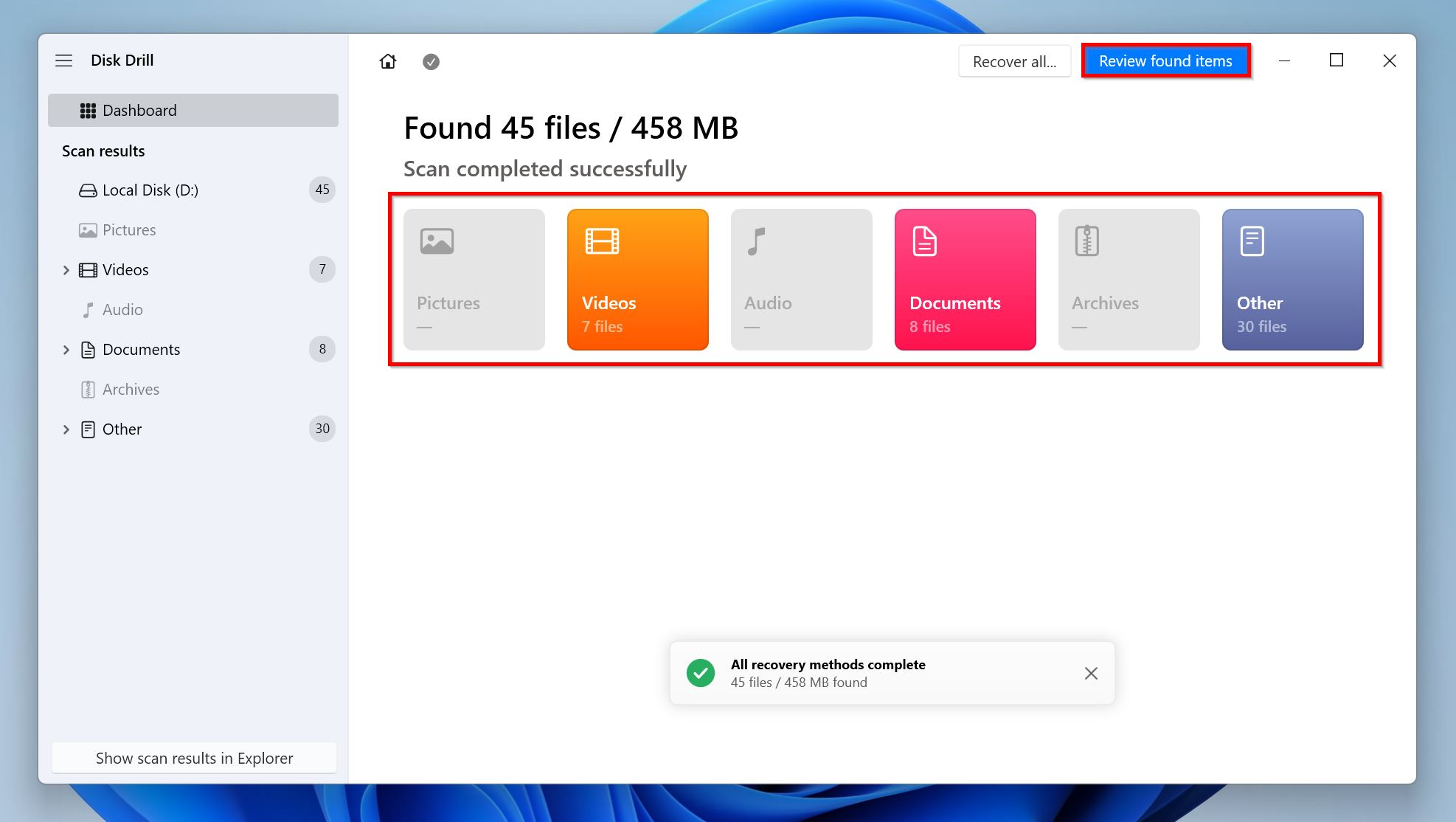 Review found items screen in Disk Drill.