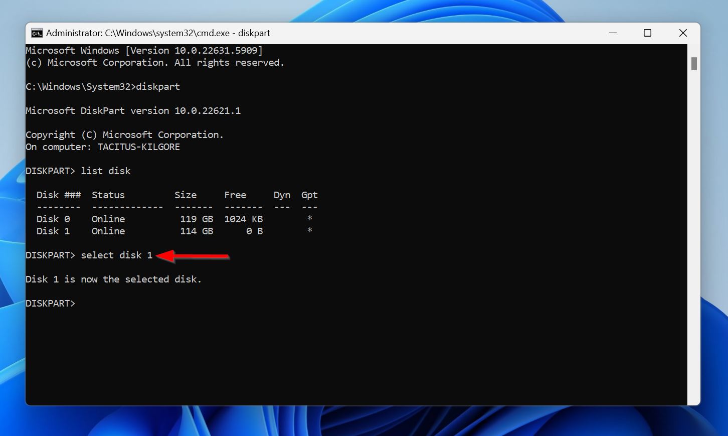 Type in the Select Disk command.