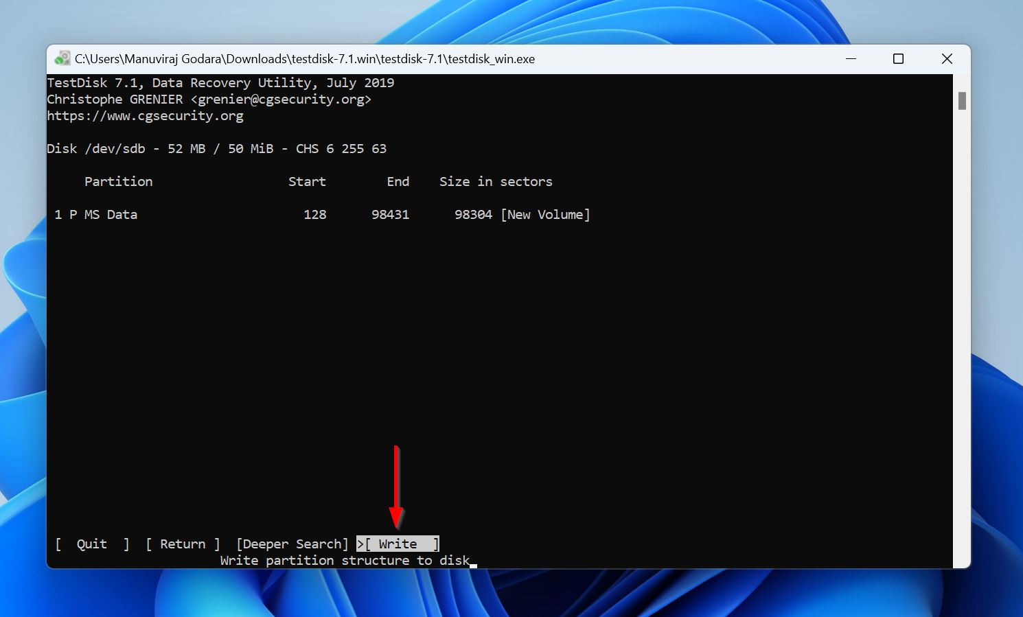 Write option in TestDisk.