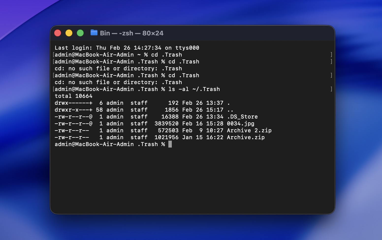 Type in ls -al ~/.Trash